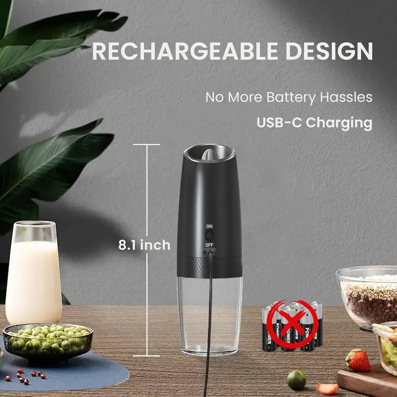 Broncho Gravity Activated Salt Pepper Grinder Set 2-Pack Rechargeable LED