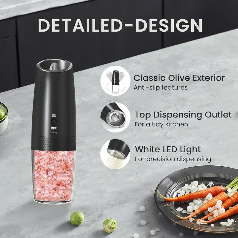 Broncho Gravity Activated Salt Pepper Grinder Set 2-Pack Rechargeable LED