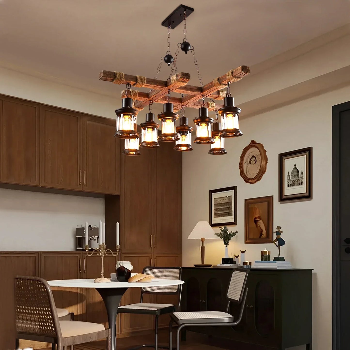Wooden Farmhouse Chandelier E27 Eight-Light Pendant Light
