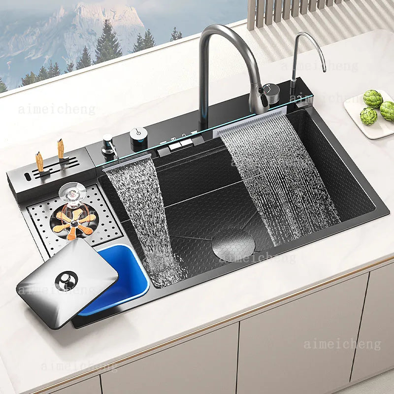 Stainless Steel Waterfall Kitchen Sink With Digital Display