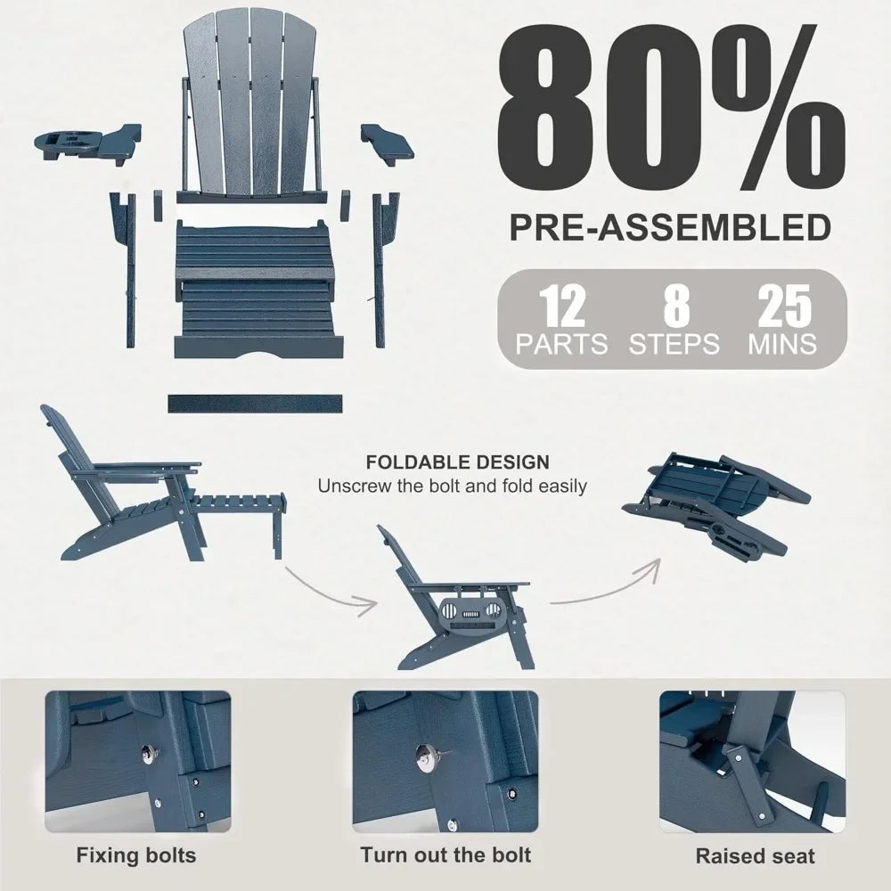 Adjustable Adirondack Chair with Retractable Footrest, Set of 2, Foldable Adirondack Chair with Cup Holder