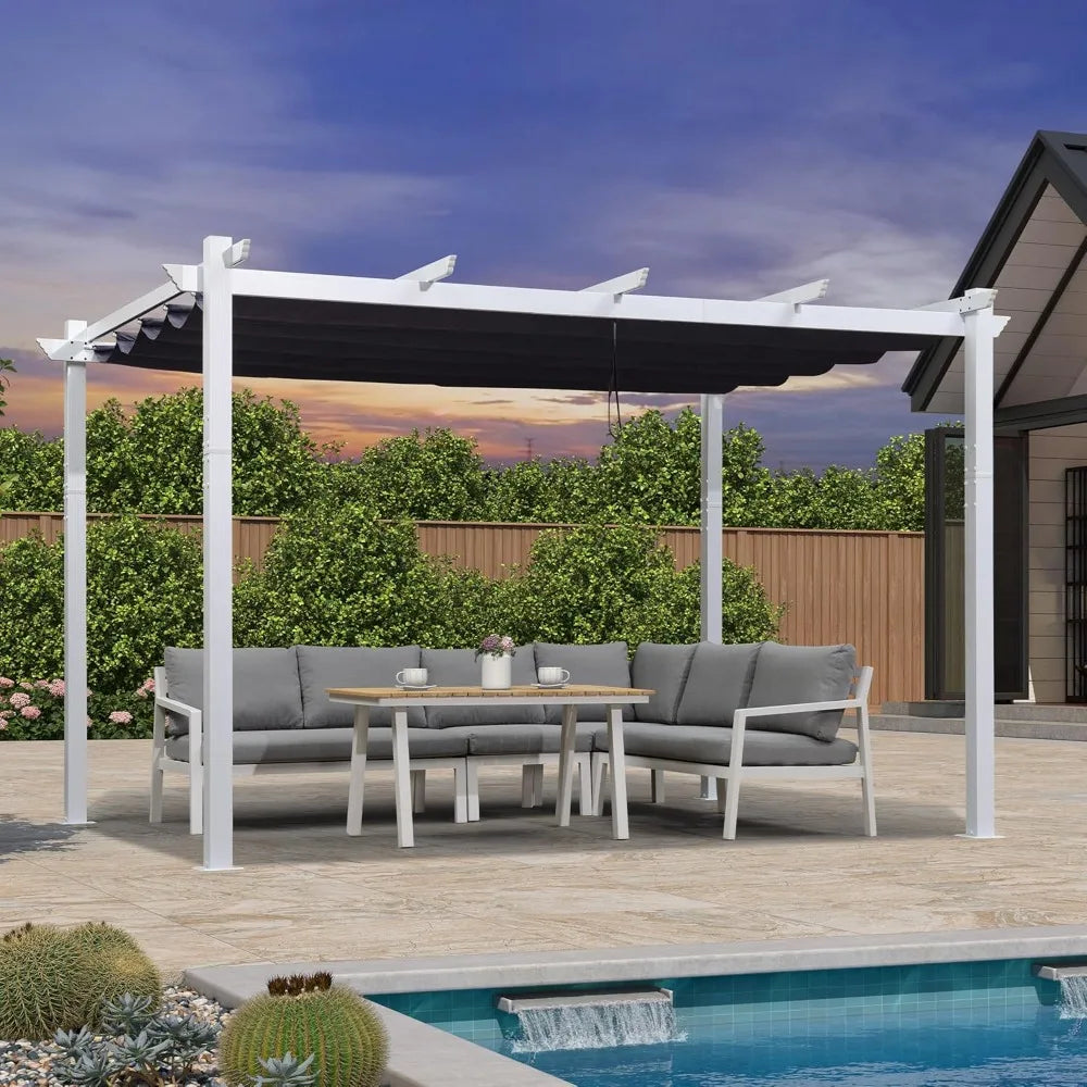 10' x 13' Outdoor Retractable Pergola Heavy-Duty Aluminum White Pergola with Sun Shade Canopy Patio Modern Shelter for Garden Y