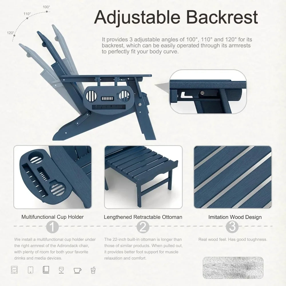 Adjustable Adirondack Chair with Retractable Footrest, Set of 2, Foldable Adirondack Chair with Cup Holder