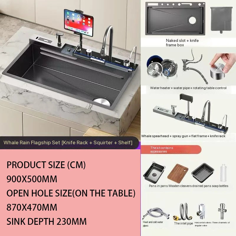 Stainless Steel Waterfall Kitchen Sink With Digital Display