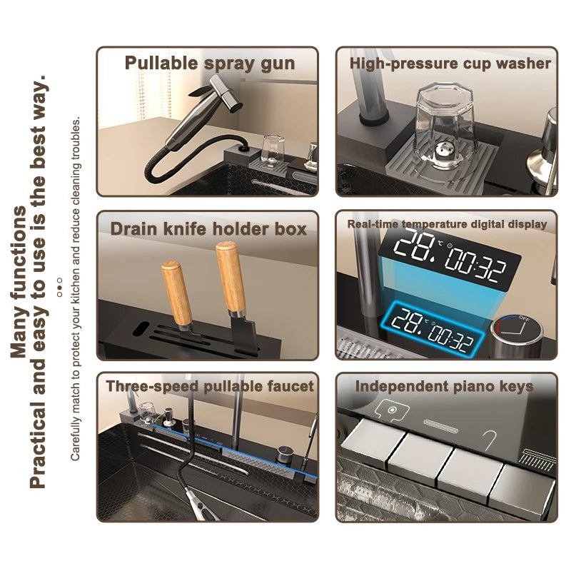 Yuki Like Stainless Steel Waterfall Kitchen Sink With Embossed Finish