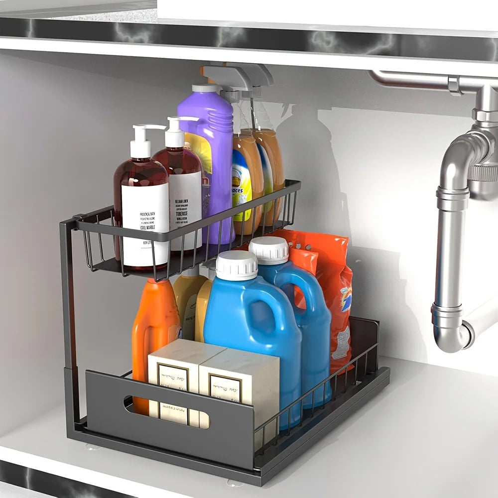 Sliding Under Sink Organizer Metal Storage For Kitchen Cabinets