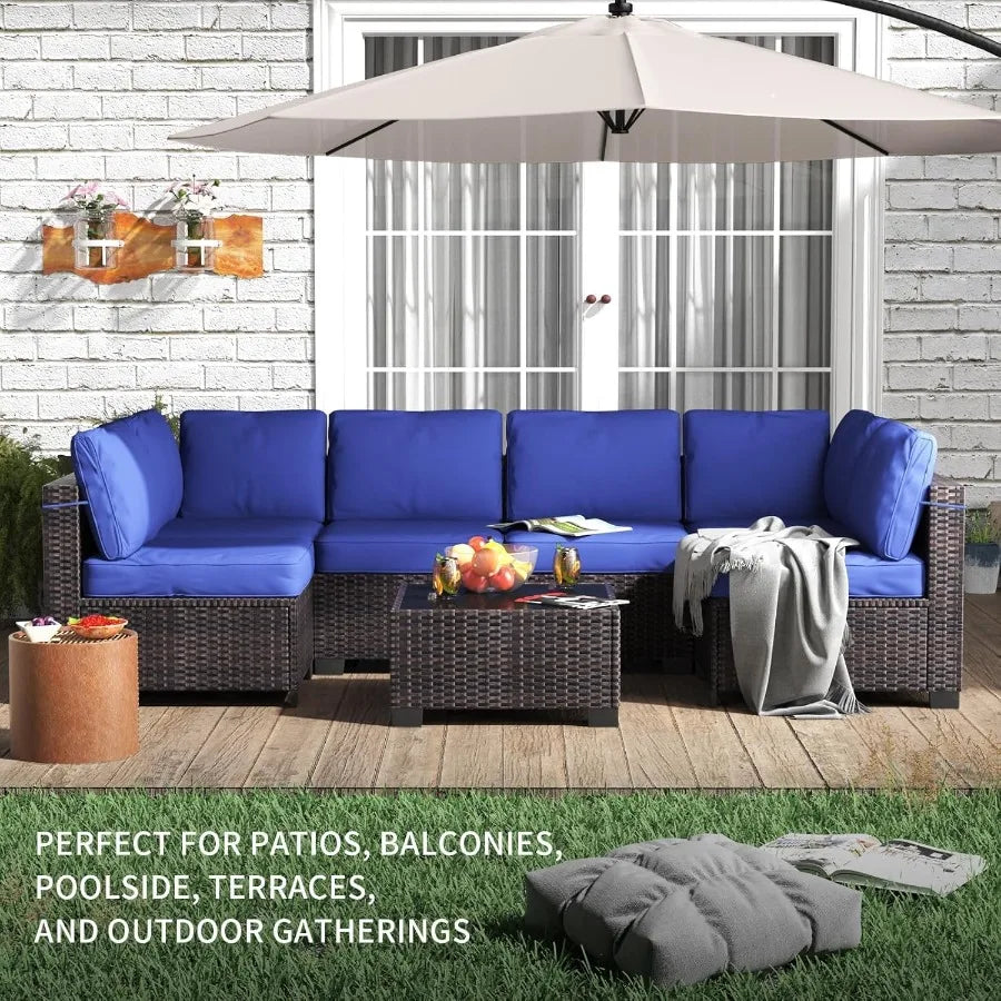 7 Piece Outdoor Patio Furniture Set with PE Rattan Conversation Sofa Thick Cushioned Wicker Patio Set Featuring Glass Top Coffe