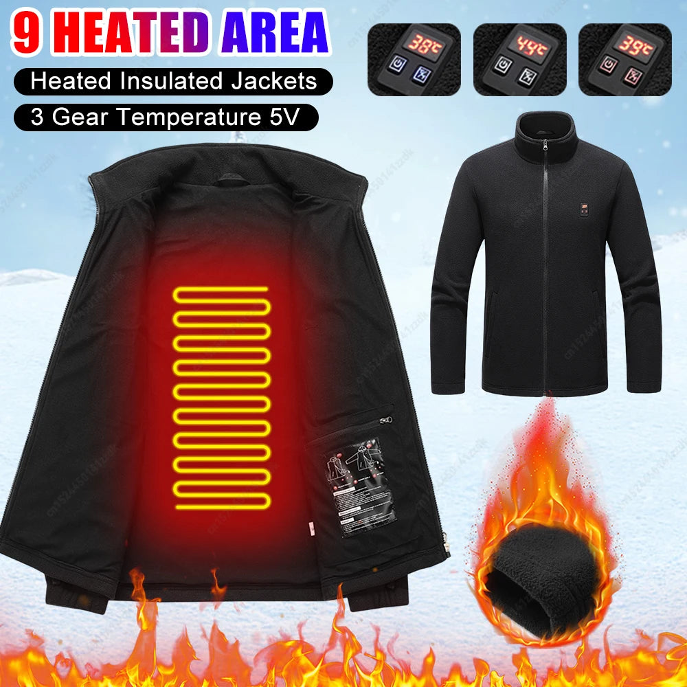 9 Heated Men's Parka Winter Warm USB Heating Jackets  Smart Thermostat Pure Color Heated Clothing Male Warm Padded Jacket skiing