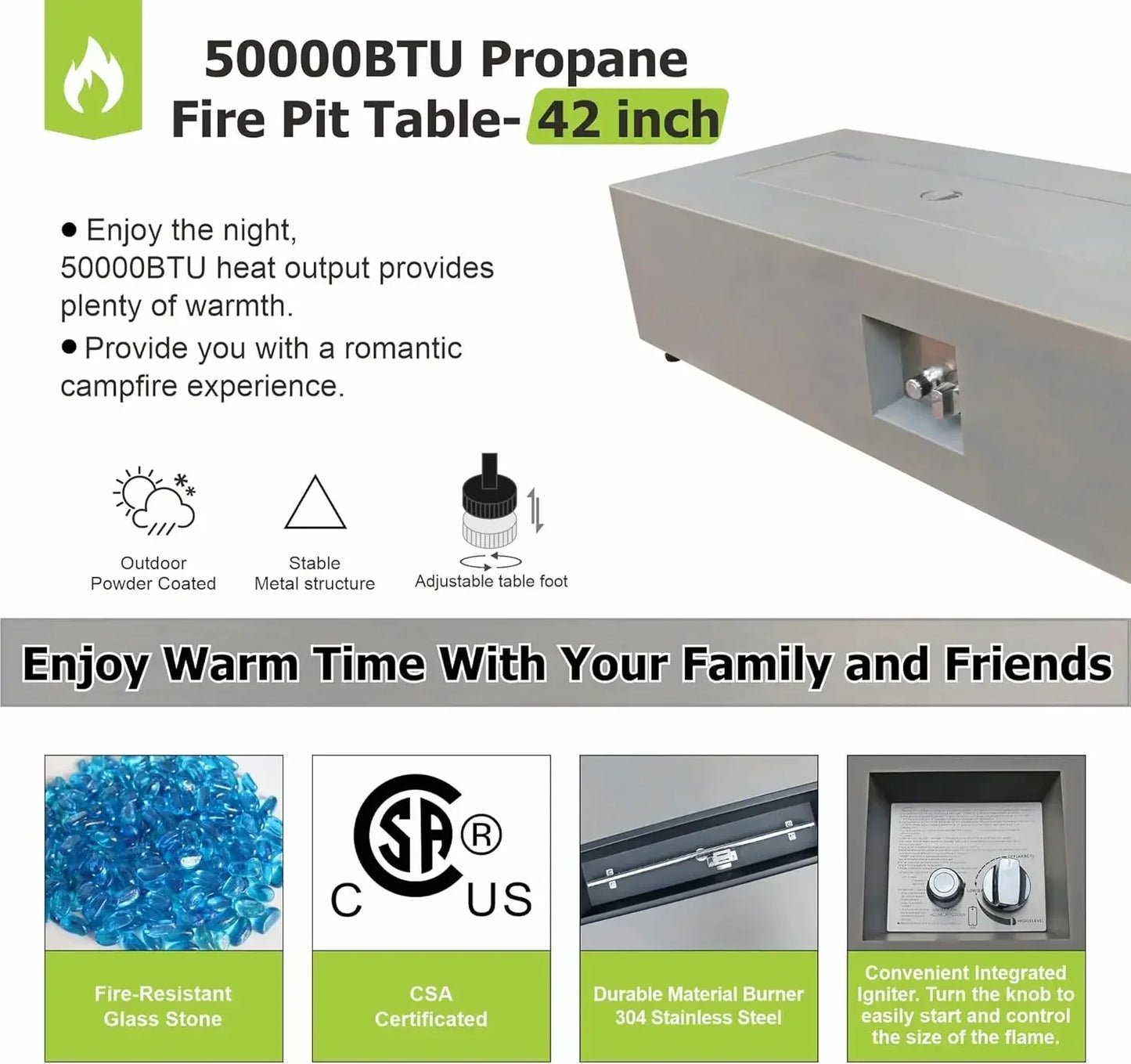 （XMSJ-Hot）Outdoor Fire Pit Table Propane Gas Fire pits Outdoor Fireplaces 42″ Rectangular Firepit Table,50,000BTU Table Patio Se