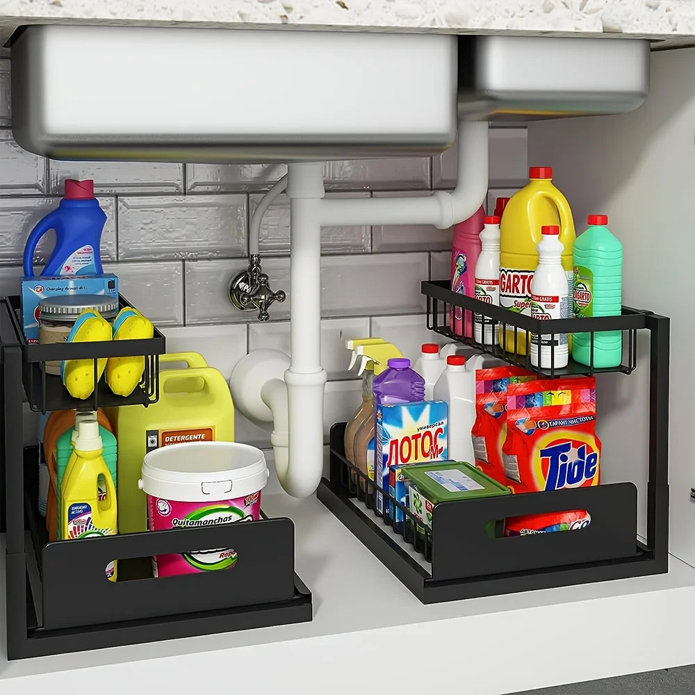 Sliding Under Sink Organizer Metal Storage For Kitchen Cabinets