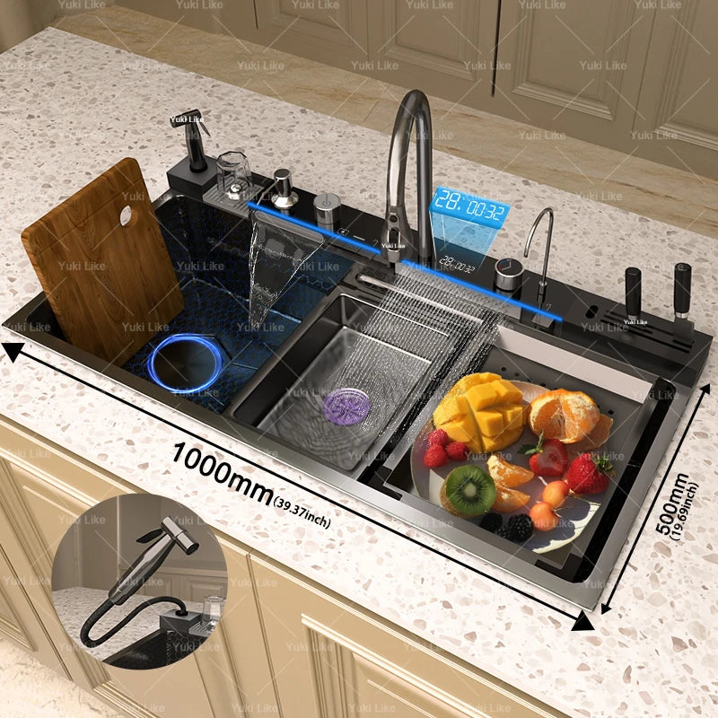 Yuki Like Stainless Steel Waterfall Kitchen Sink With Embossed Finish