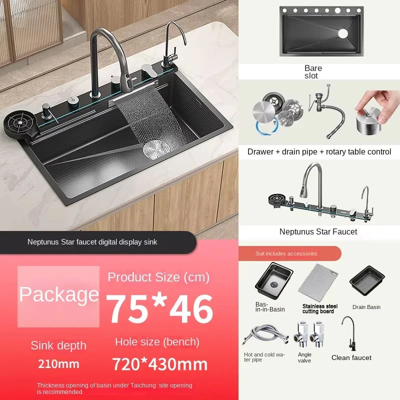 Stainless Steel Waterfall Kitchen Sink With Digital Display