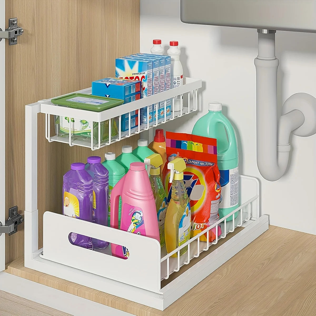 Sliding Under Sink Organizer Metal Storage For Kitchen Cabinets