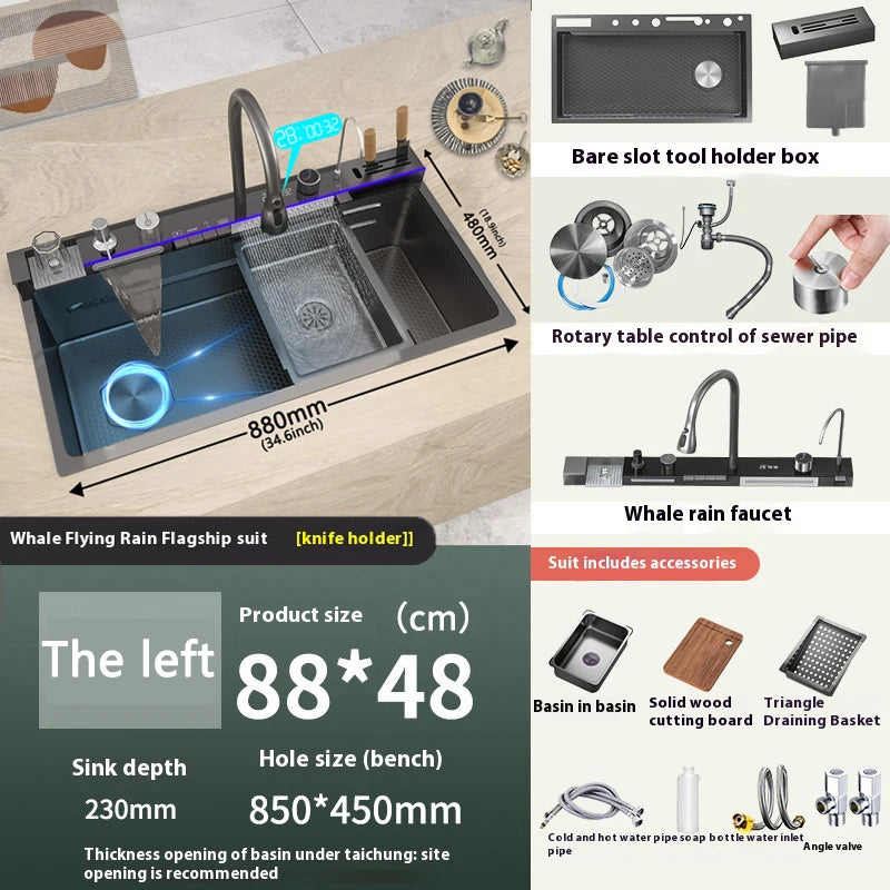 Yuki Like Stainless Steel Waterfall Kitchen Sink With Embossed Finish