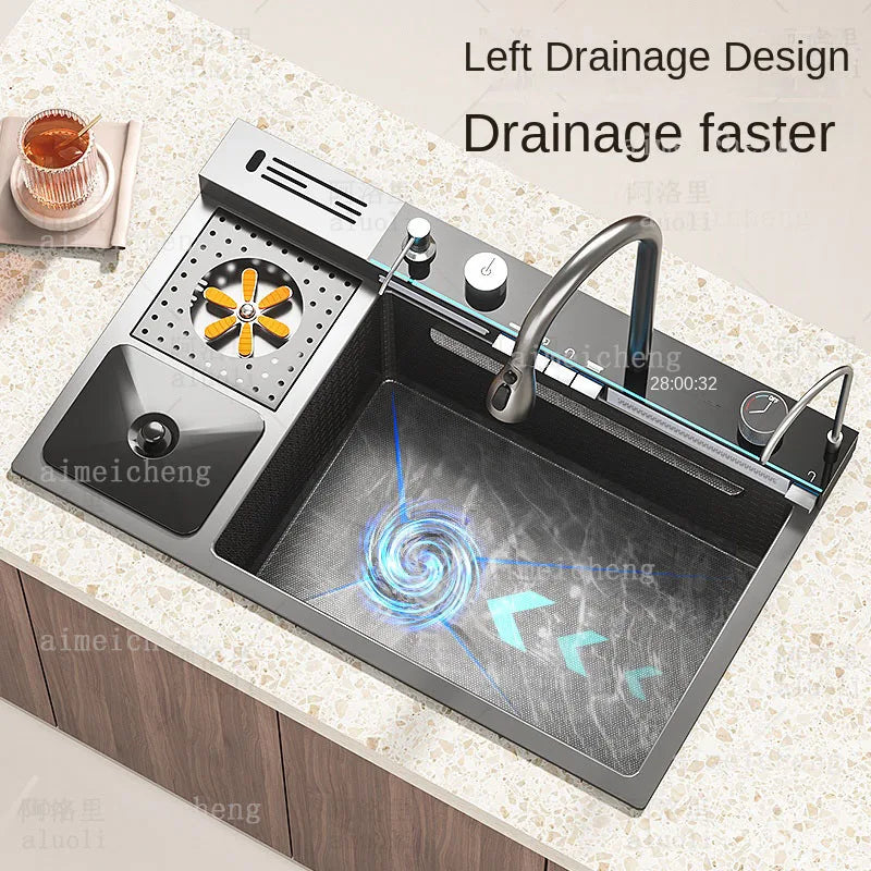 Stainless Steel Waterfall Kitchen Sink With Digital Display