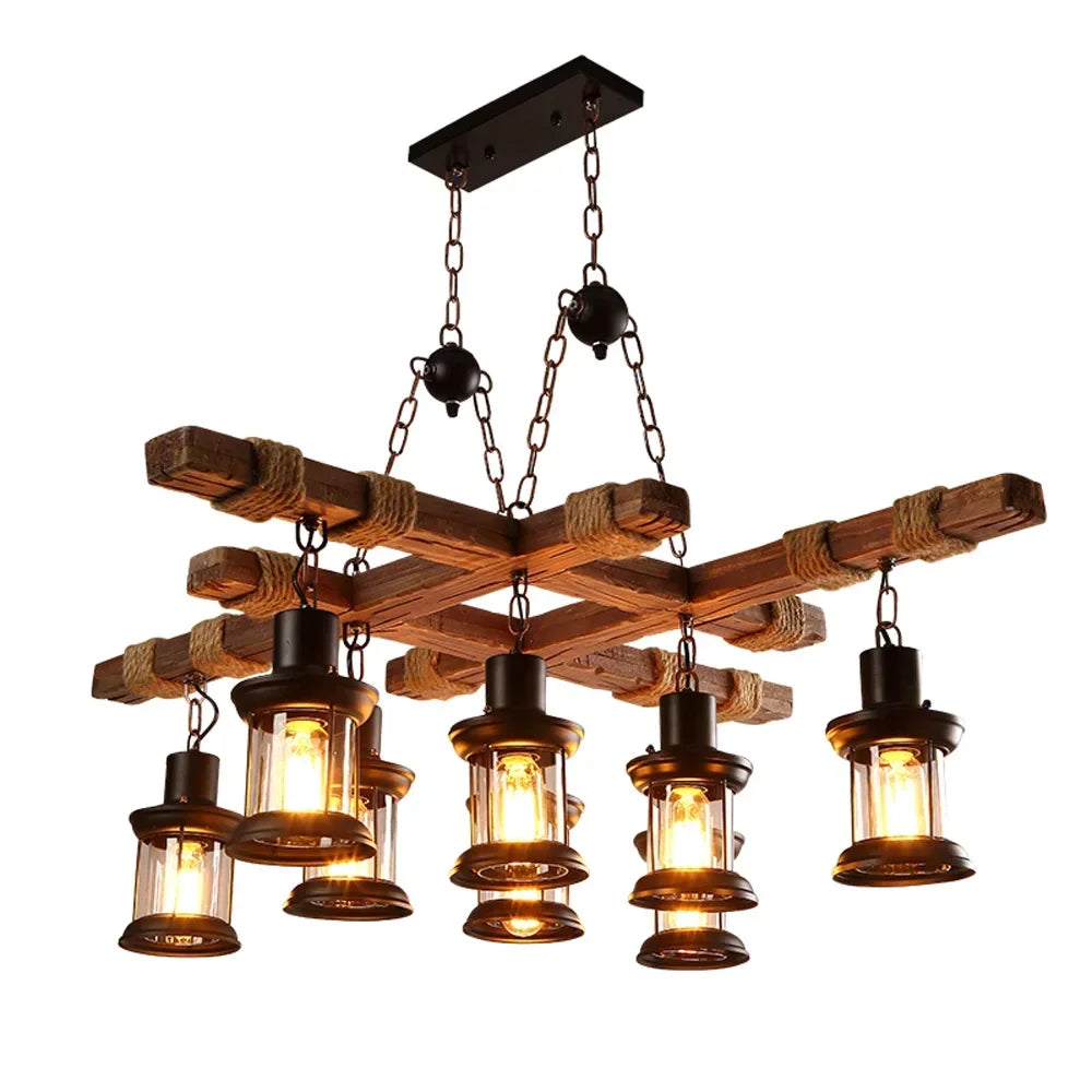 Wooden Farmhouse Chandelier E27 Eight-Light Pendant Light