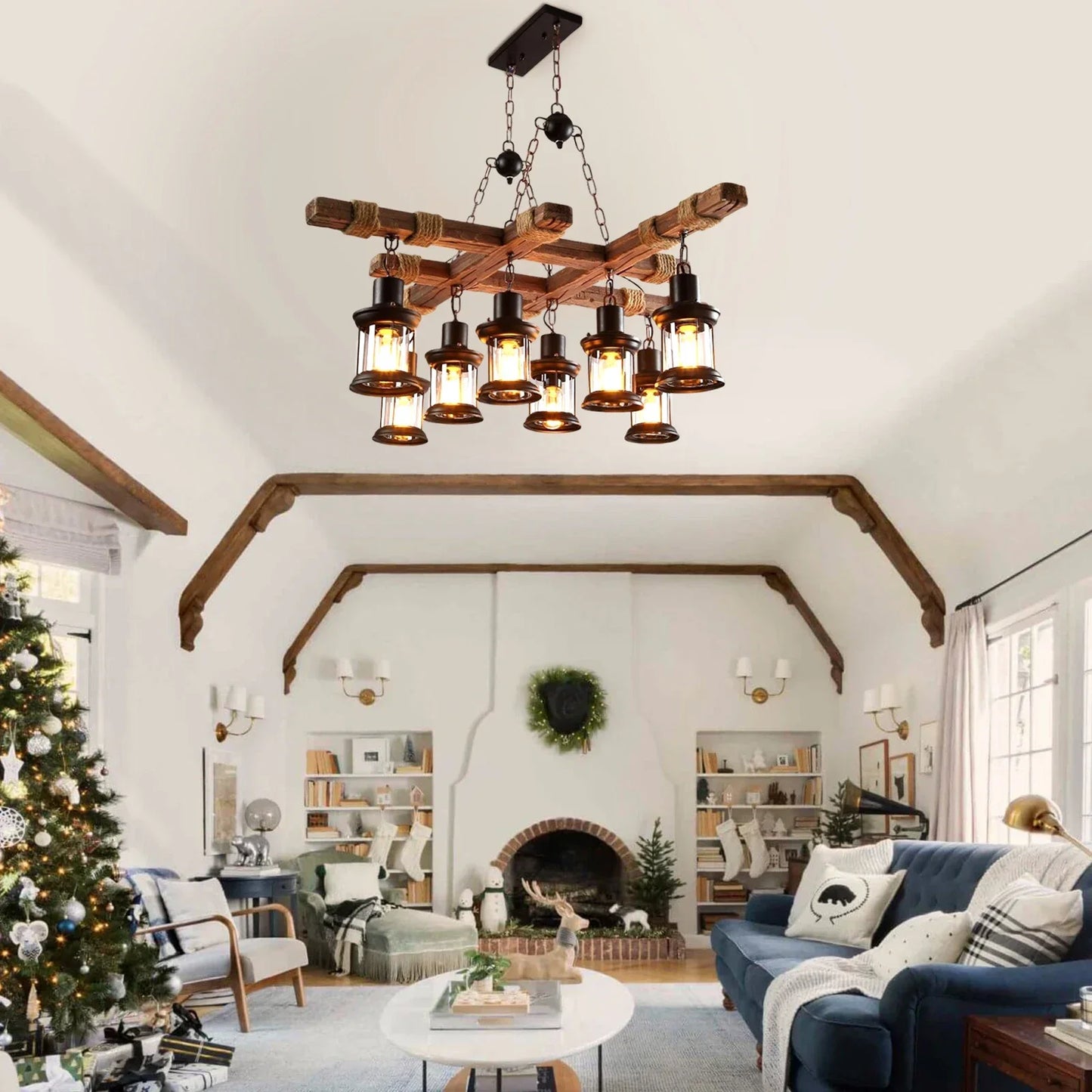 Wooden Farmhouse Chandelier E27 Eight-Light Pendant Light