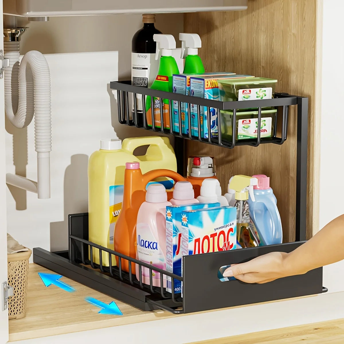 Sliding Under Sink Organizer Metal Storage For Kitchen Cabinets