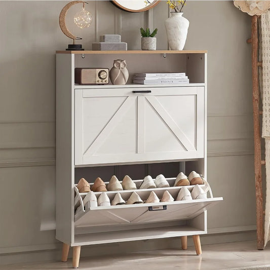 Freestanding Farmhouse Style Shoe Storage Cabinet With Flip Drawers