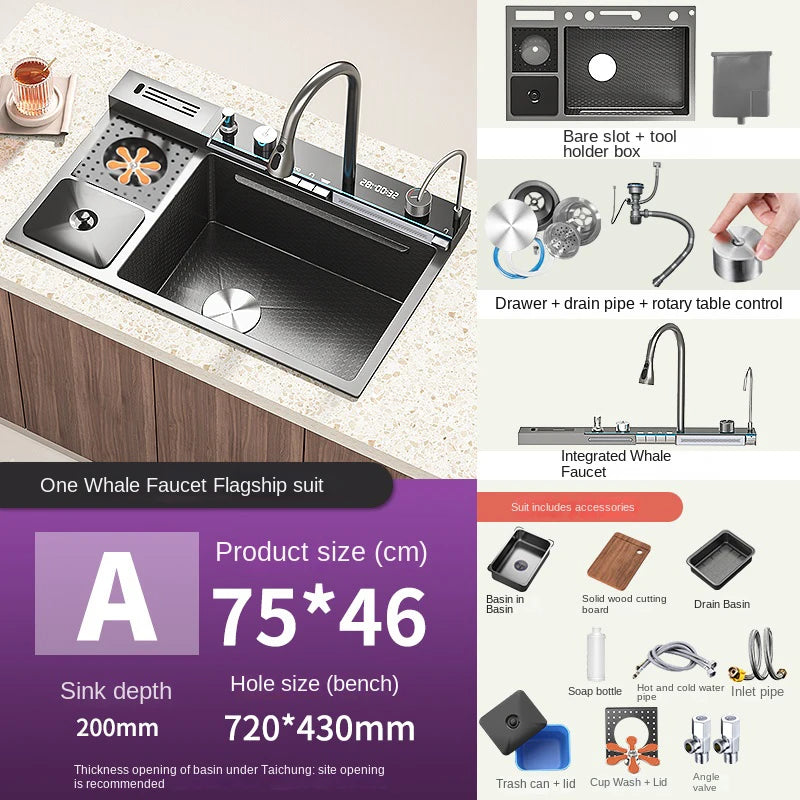 Stainless Steel Waterfall Kitchen Sink With Digital Display