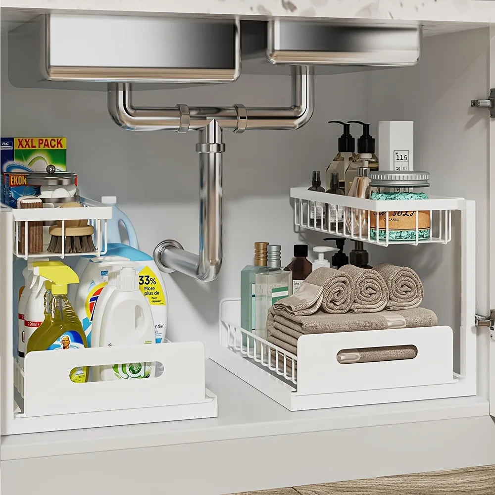 Sliding Under Sink Organizer Metal Storage For Kitchen Cabinets