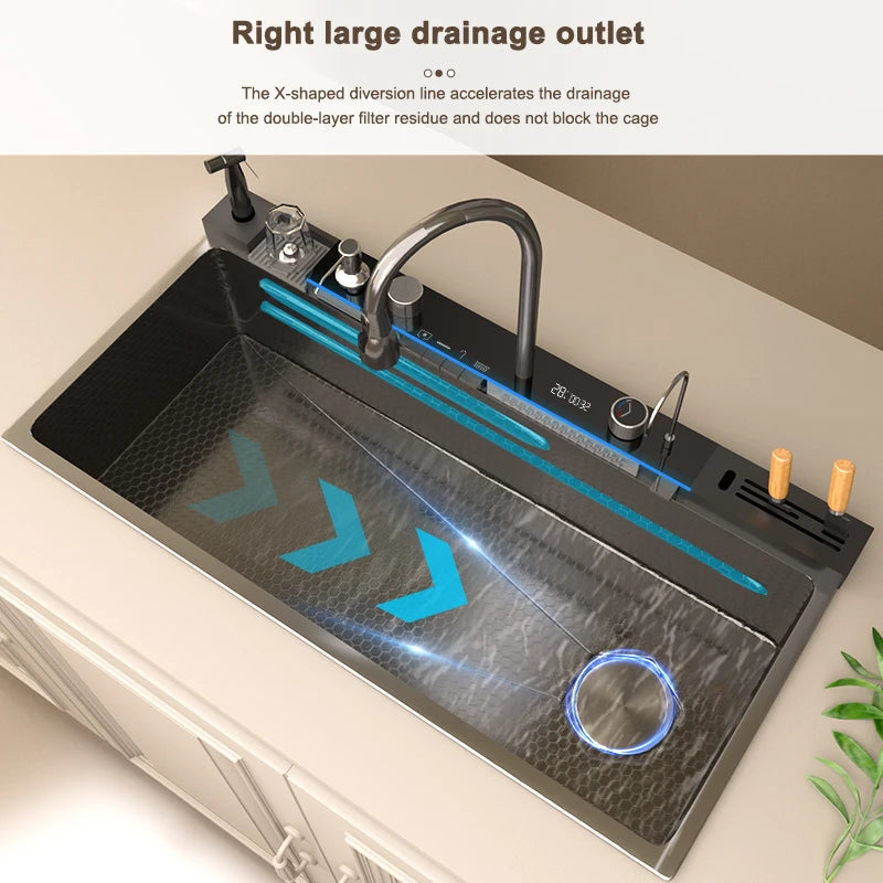 Yuki Like Stainless Steel Waterfall Kitchen Sink With Embossed Finish