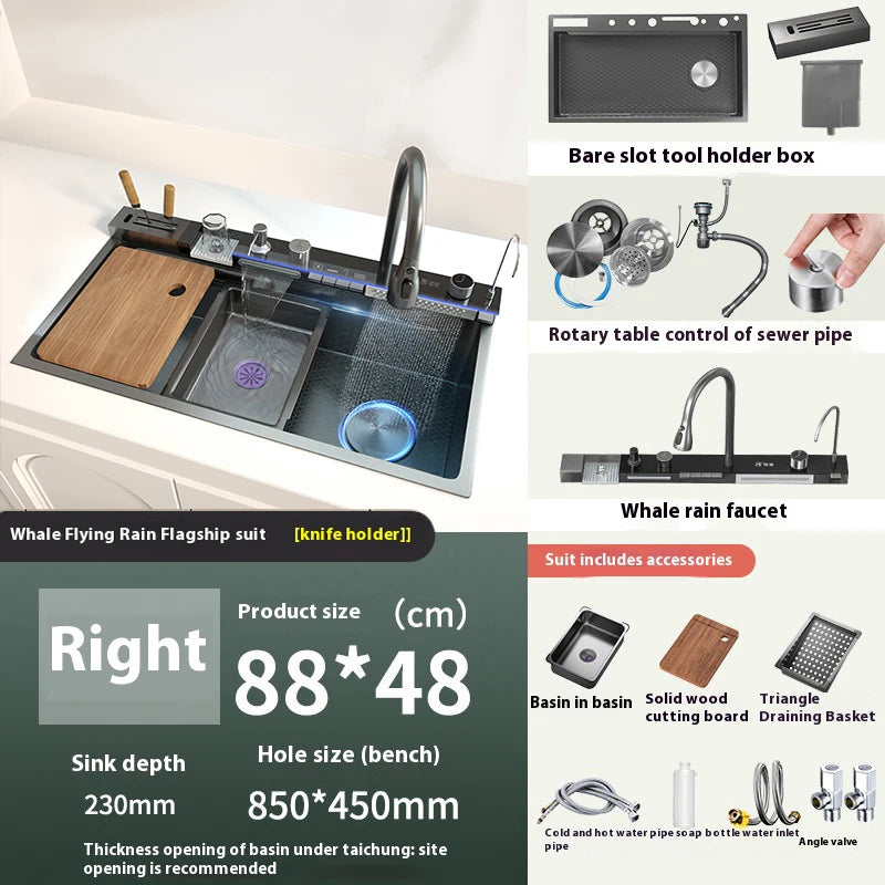 Yuki Like Stainless Steel Waterfall Kitchen Sink With Embossed Finish