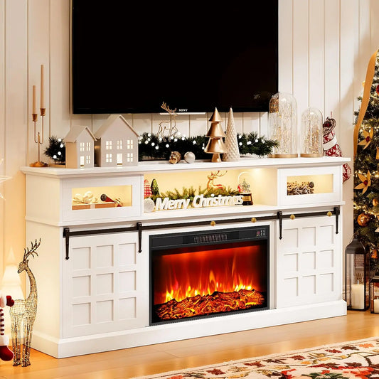 Rustic Fireplace TV Stand With Power Outlets And LED Lighting