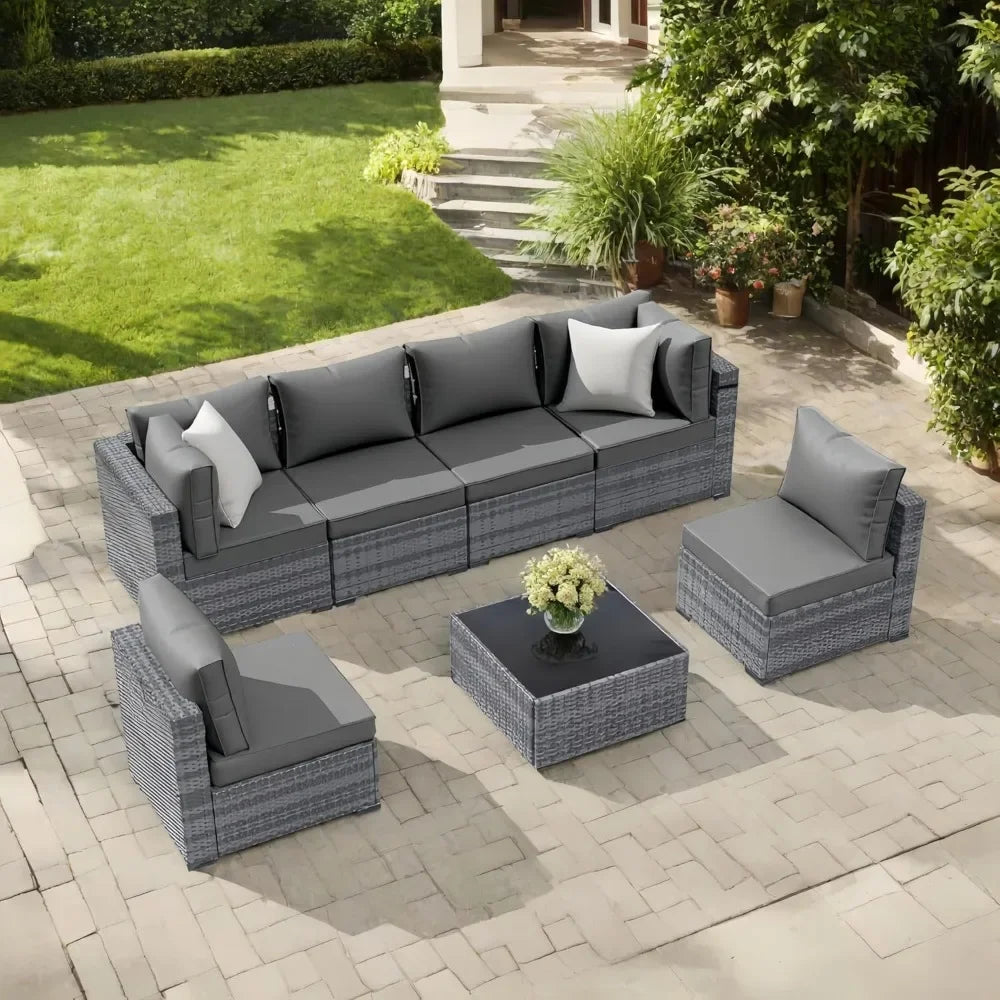 7-Piece Outdoor Rattan Sectional Sofa Set Wicker Patio Furniture with Coffee Table And Cushions for Conversation