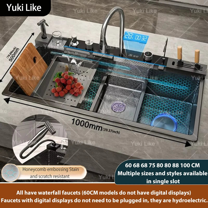 Yuki Like Stainless Steel Waterfall Kitchen Sink With Embossed Finish