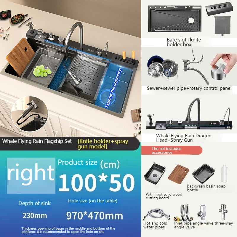 Yuki Like Stainless Steel Waterfall Kitchen Sink With Embossed Finish