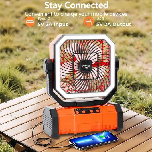 20000mAh Portable Rechargeable Camping Fan With 4 LED Lights Outdoor Fan With Tent Hooks For Tent Outdoor Patio Power Outage