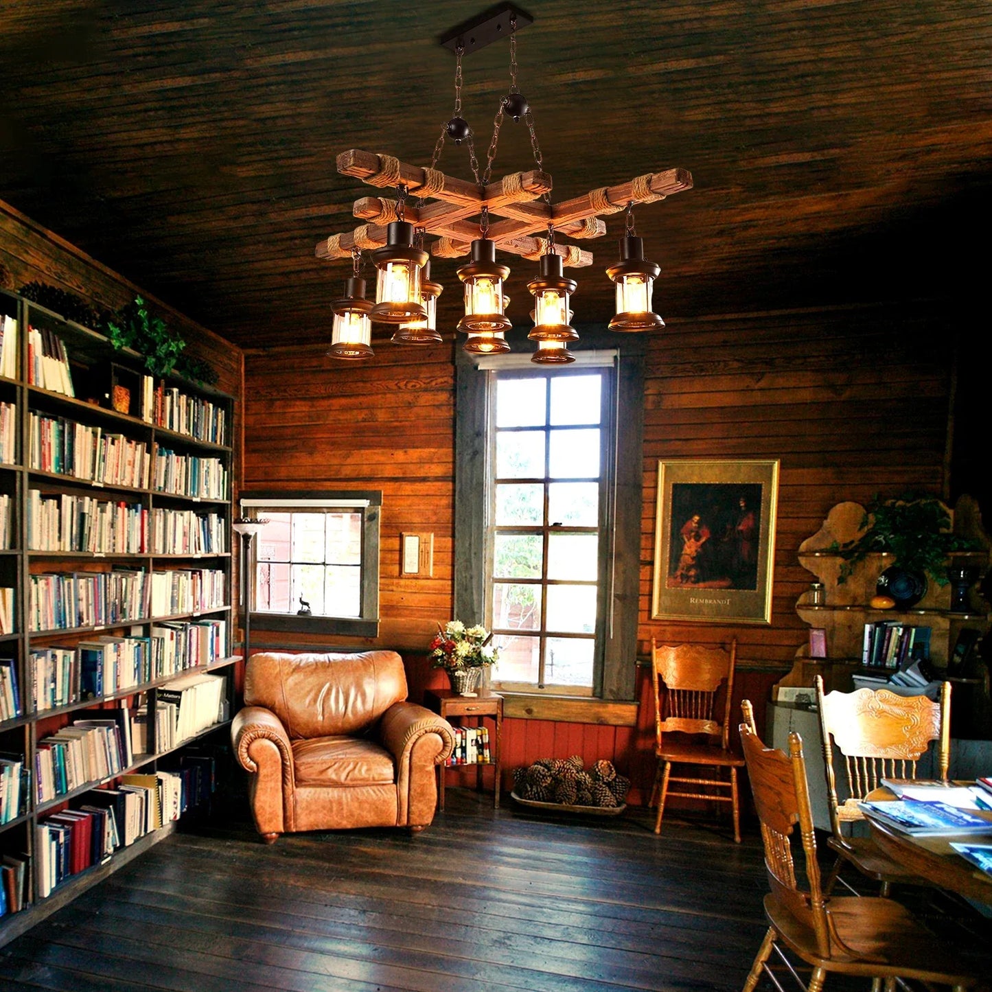 Wooden Farmhouse Chandelier E27 Eight-Light Pendant Light